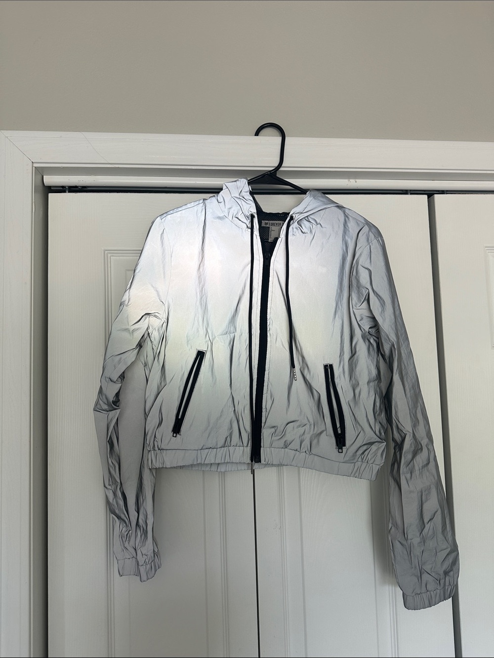 Forever 21 Reflective Silver Hooded Windbreaker Jacket